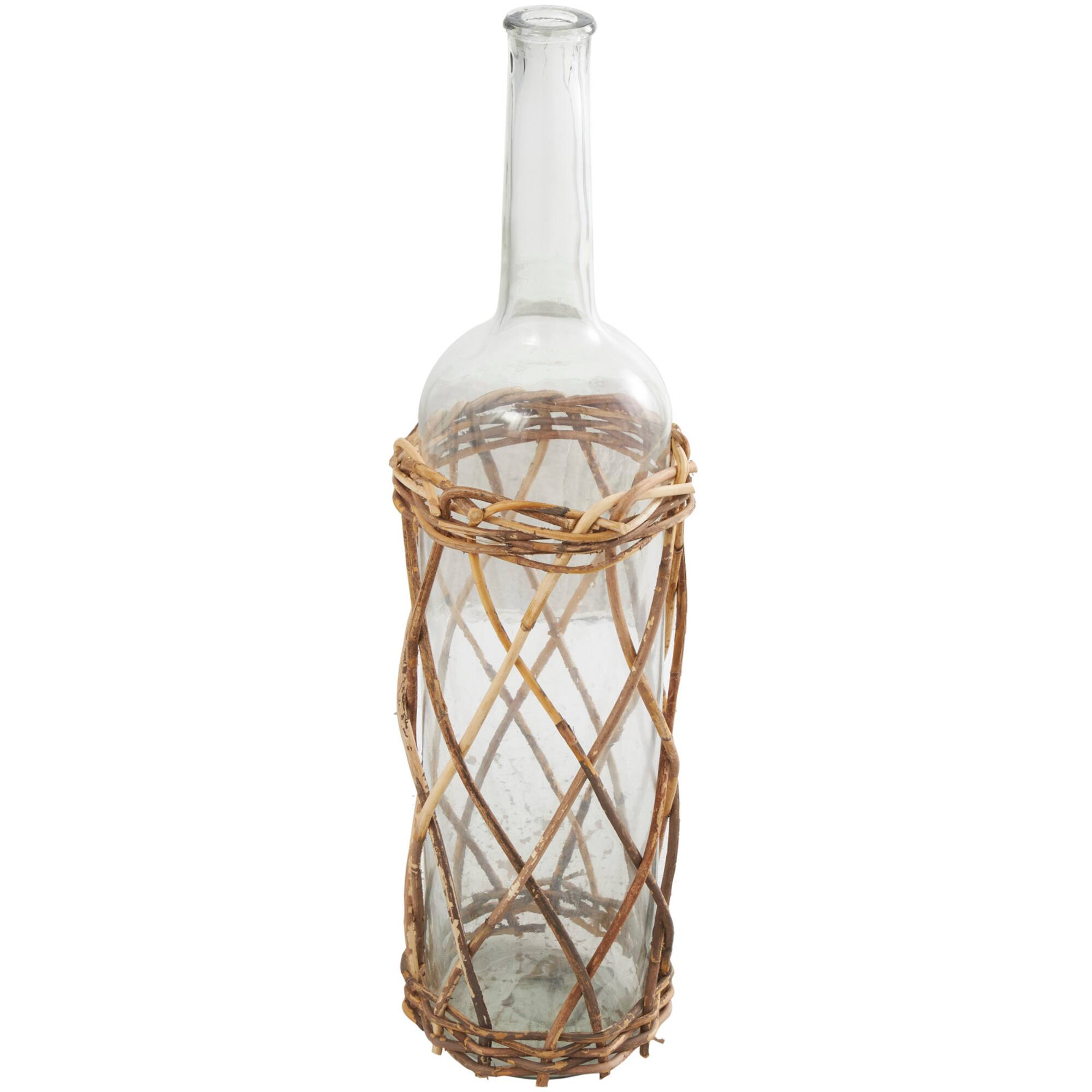 27" Clear Glass Handmade Tall Vase with Brown Rattan Woven Lower Body